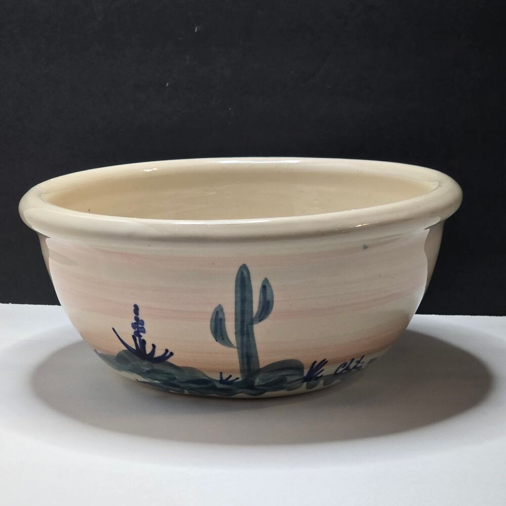 Ellis Prod Pottery Cactus Serving Bowl Hand Painted Marshall TX Signed 1993 9"